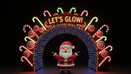 Santa welcomes you under a neon glowing archway decorated with candy canes and cheerful holiday lights on dark Christmas night scene.Cartoon-style,3d imitation. Let's glow inscription. - Powered by Adobe
