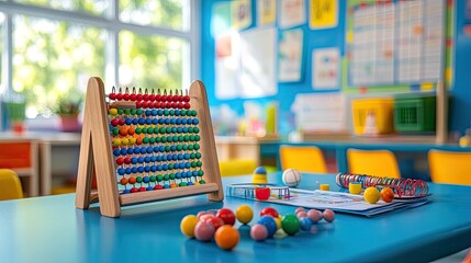 Discovering the joy of learning numbers with a colorful abacus on the bright classroom table on a sunny day with natural