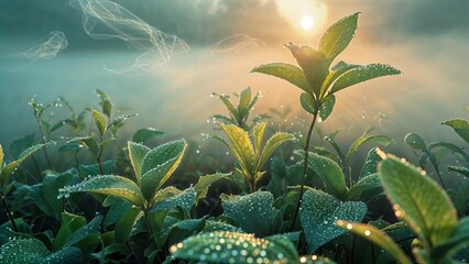 Mystical Morning Dew on Leaves at Sunrise