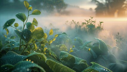 Mystical Morning Dew on Leaves at Sunrise