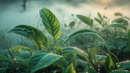 Mystical Morning Dew on Leaves at Sunrise