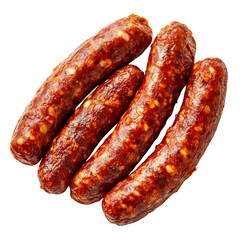 Four spicy sausages with a rich, seasoned appearance are arranged closely together.