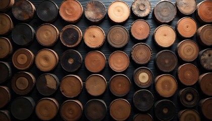 A wall made up of wooden slices arranged in a grid pattern