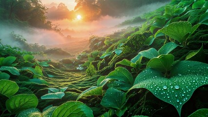 Mystical Morning Dew on Leaves at Sunrise
