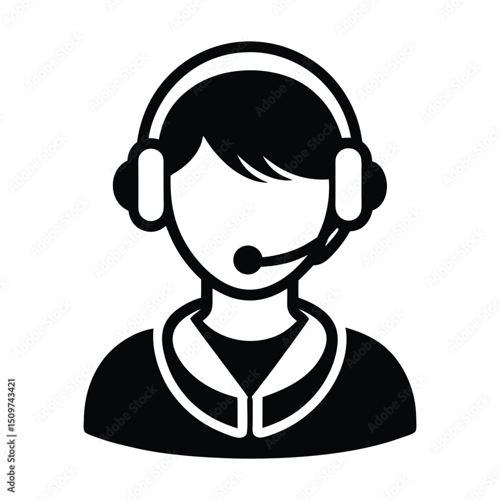 Poster support agent with headset icon white graphics isolated on white background