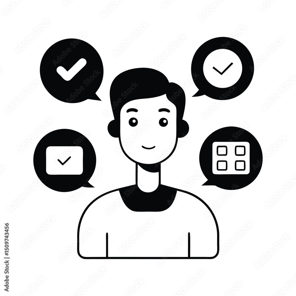 Poster person with speech bubbles and checkboxes white graphics isolated on white background