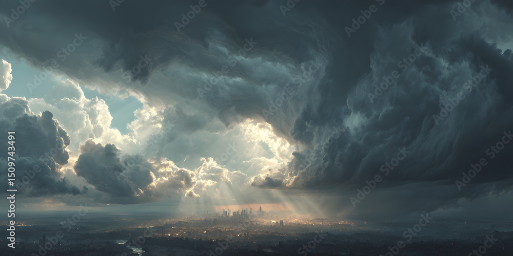 Poster dramatic clouds over a city skyline with rays of light breaking through.