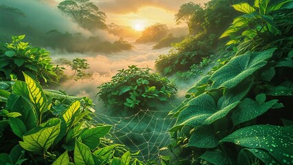 Mystical Morning Dew on Leaves at Sunrise