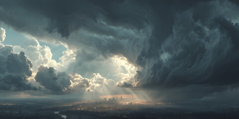 Dramatic clouds over a city skyline with rays of light breaking through.