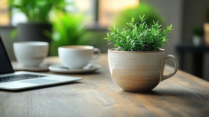 Cozy Workspace with Greenery and Coffee Cups on a Wooden Table