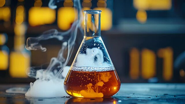 Erlenmeyer flask of swirling liquid amid rising smoke