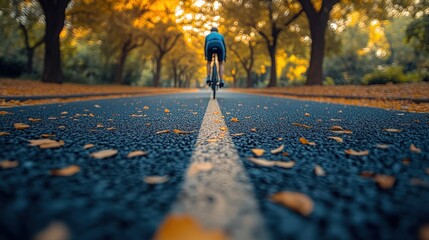 Cyclist Riding Through Autumn Forest Path with Fallen Leaves