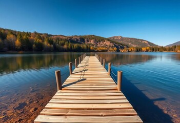 Naklejka premium A lone wooden footbridge stretches over still lake water, surrounded by tranquil nature, photo, dusk