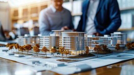 Two architects discussing a detailed architectural model of a modern building project.