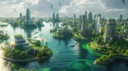 A stunning futuristic city on the water with advanced architecture and green sustainable design.