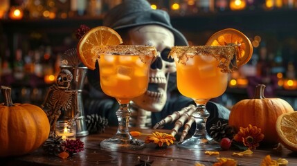 Delicious and spooky Halloween cocktails are set up with decorations, perfect for the holiday.