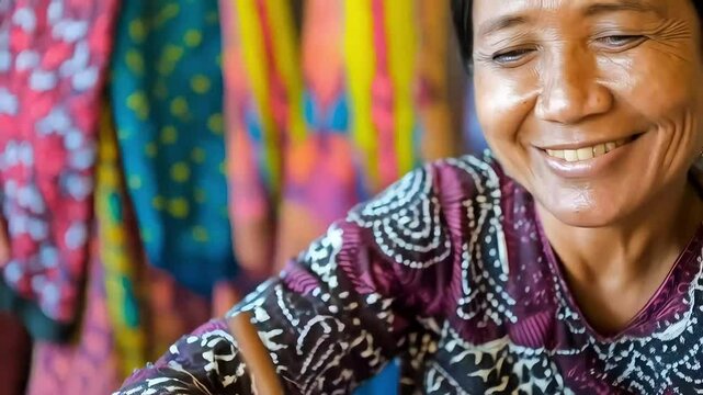 Smiling artisan meticulously creates intricate patterns on fabric using a traditional tool