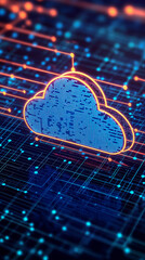 Digital cloud icon on a vibrant tech background with data connections. Cloud computing services concept.