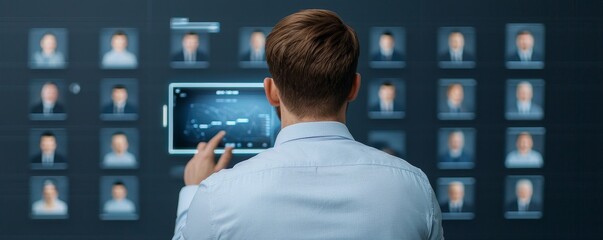Man interacting with a tablet displaying multiple profile images. Sales pipeline management concept.