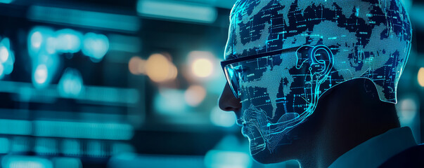 Silhouette of a person with digital data overlay against a blue backdrop.