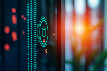 Digital display with glowing icons and abstract data visualization.