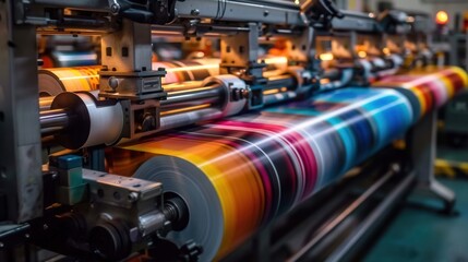 Fototapeta premium A high-speed printing machine meticulously producing colorful printed rolls in a factory setting.