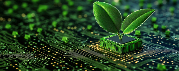 Digital circuit with a plant symbolizing eco-friendly technology.