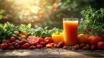 Fresh Juice Surrounded by Vibrant Fruits and Vegetables in Garden
