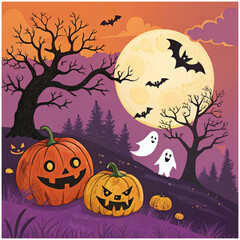 halloween background with pumpkins , bat , ghost and bat vector silhouette 