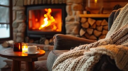 A warm and inviting scene with a lit fireplace and cozy atmosphere in a comfortable living space.