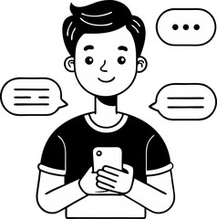 Casual Digital Conversation, A character Texting on their Phone, a millennial stands engrossed in a texting conversation on their smartphone stock illustration Thin Line Icon vector black and wh