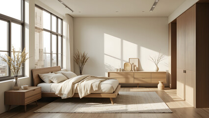 Fototapeta premium Serene Minimalist Bedroom Design Light, Airy, and Modern Interior