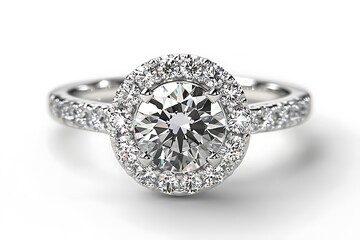 Close up of a round cut diamond halo engagement ring with a pave band on a white background