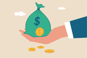 Tax payment or losing money without tax planning concept, businessman hand holding big money bag of revenue been slitted with dollar coin loss with the word tax.