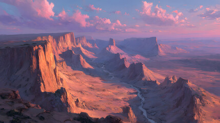 Majestic canyon landscape at dusk with colorful skies.