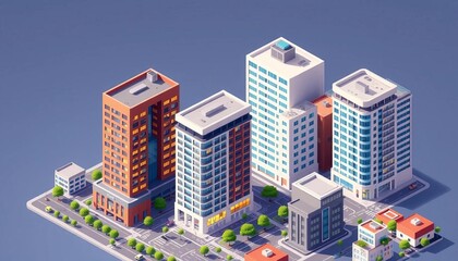 Fototapeta premium Isometric flat vector illustration of modern city buildings, office and apartment blocks , real estate, illustration