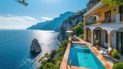 Fototapeta premium Stunning villa with a pool overlooking the beautiful Mediterranean sea and dramatic cliffs.