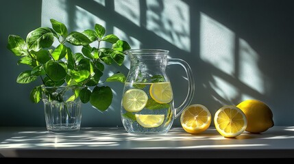 Fresh Lemonade in a Glass Pitcher with Green Leaves and Shadows