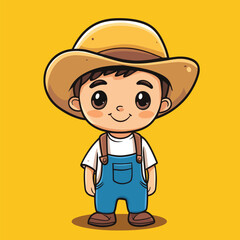 Cheerful Cartoon Boy in a Straw Hat and Overalls