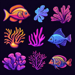 Fototapeta premium Colorful fish and vibrant corals create lively underwater scene, showcasing marine life in playful and artistic style