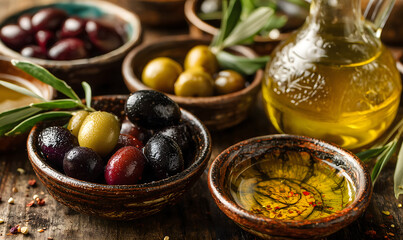 A photo of a bottle of extra virgin olive oil next to a ceramic bowl filled with a variety of olives arranged in a beautiful and harmonious way.