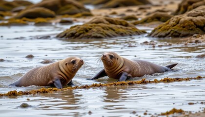 Fototapeta premium chubby seals playing tag in shallow water, one tripping over a seaweed line; seaside background with tide lines and rocks drawn precisely.