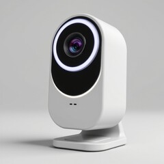Modern white security camera with circular camera lens and LED light on a neutral background, compact home surveillance device with adjustable stand