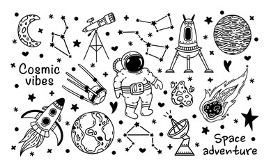 Outer space, vector doodle set. Astronaut, rocket, telescope, flying comet, meteorite. Planets of the solar system, satellite, moon, constellations, stars. Galaxy, universe. Astronomy isolated clipart