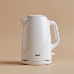 Modern white electric kettle with Wi-Fi connectivity standing on neutral background for kitchen appliances and smart home device concepts