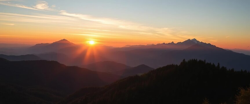 Majestic sunset over mountain peaks, lush forests, and rolling hills,  stunning,  picturesque