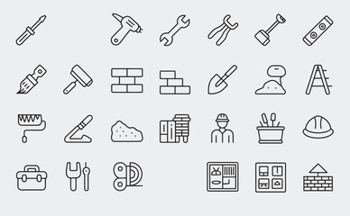 Set of 30 outline icons related to construction. This outline icon set includes helmet, hammer, wrench, crane, repair tools, builder, engineering and more. Editable stroke. Vector illustration 