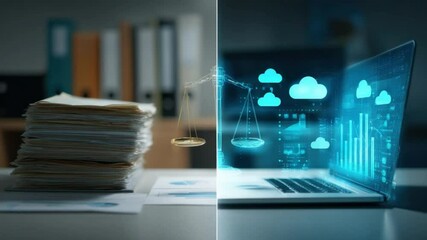 Digital Justice: A digital balance scale hovers above a laptop displaying data clouds and bar charts, juxtaposed against a stack of physical documents with a justice scale in front of it. - Powered by Adobe
