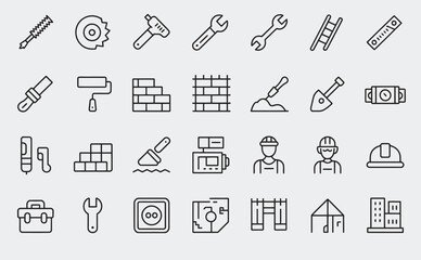 Set of 30 outline icons related to construction. This outline icon set includes helmet, hammer, wrench, crane, repair tools, builder, engineering and more. Editable stroke. Vector illustration 