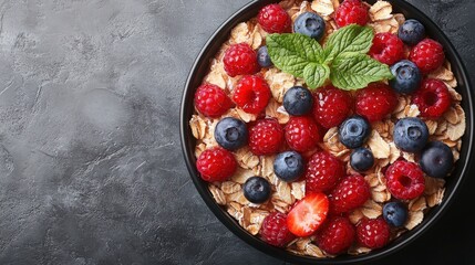 Fresh Berry and Oatmeal Bowl with Mint Leaf on Dark Background